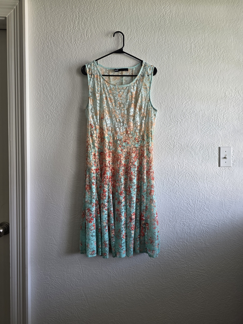 Cottagecore Fairy Leslie Fay Aqua and Coral Floral Lace Midi Dress